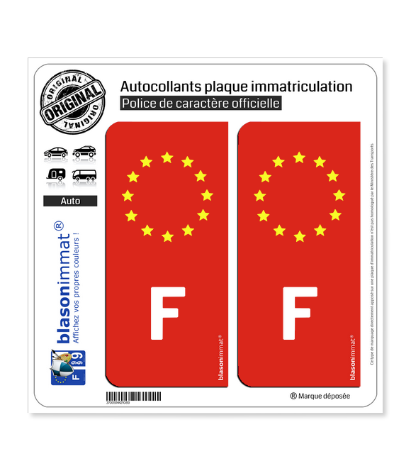Autocollant plaque immatriculation F France - Identifiant Européen Rouge