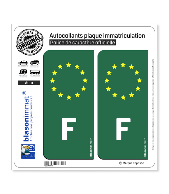 Autocollant plaque immatriculation F France - Identifiant Européen Vert