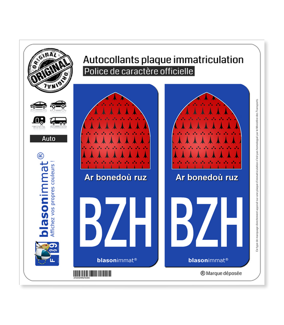 BZH Breizh - Ar bonedoù ruz | Autocollant plaque immatriculation