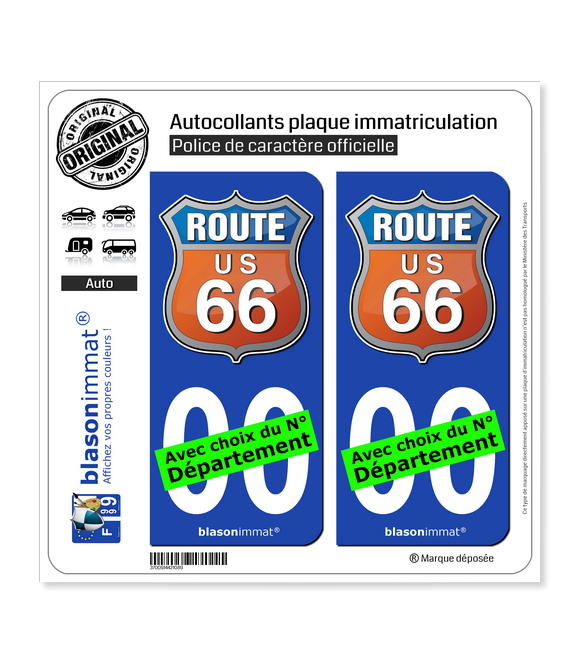 US Route 66 - Couleurs | Autocollant plaque immatriculation