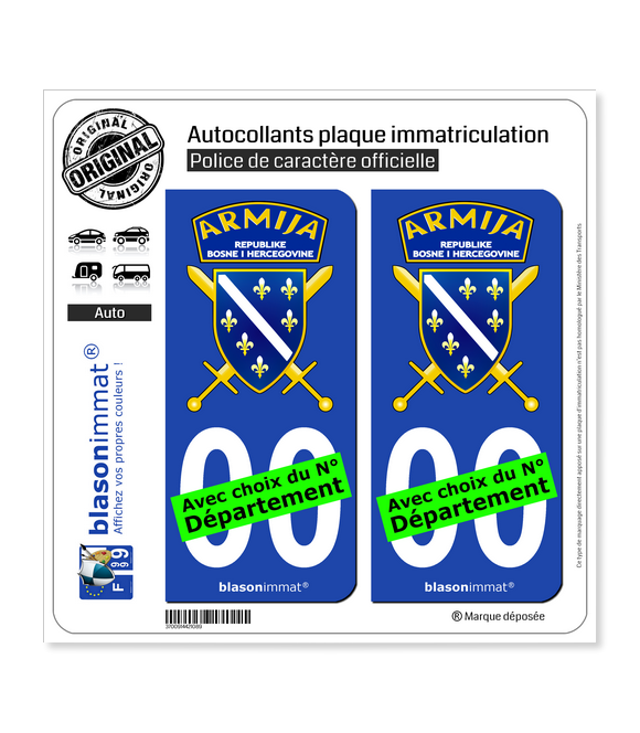 Bosnie-Herzégovine - Armija | Bosnie-Herzégovine - Armoiries 1992-98 | Autocollant plaque immatriculation