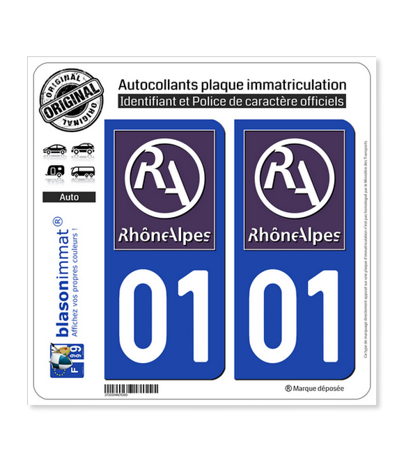 01 Rhône-Alpes - LogoType II | Autocollant plaque immatriculation