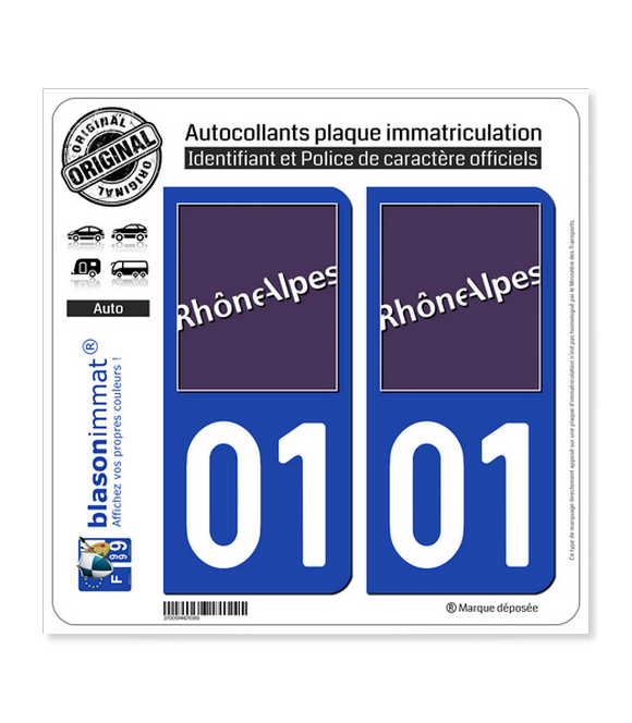 01 Rhône-Alpes - LogoType | Autocollant plaque immatriculation