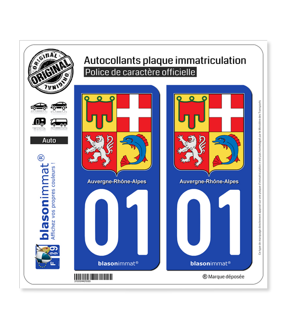 2 Stickers autocollant plaque immatriculation 01 Rhone Alpes Armoiries 