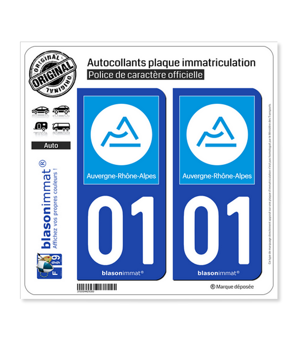 01 Auvergne-Rhône-Alpes - Région | Autocollant plaque immatriculation