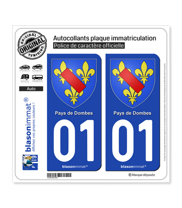 01 Pays de Dombes - Armoiries | Autocollant plaque immatriculation