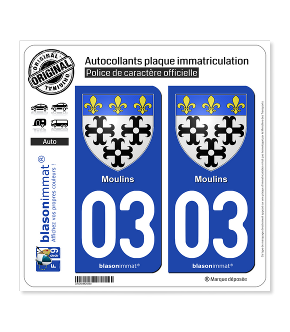 03 Moulins - Armoiries | Autocollant plaque immatriculation