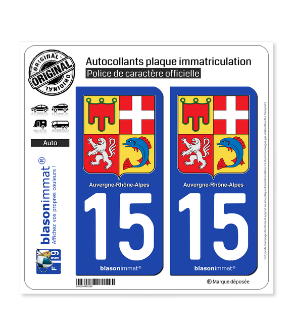15 Auvergne-Rhône-Alpes - Armoiries | Autocollant plaque immatriculation