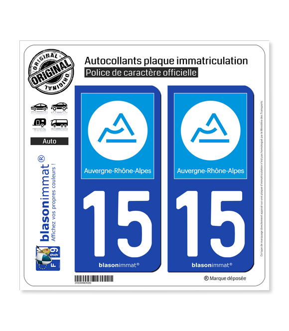 15 Auvergne-Rhône-Alpes - Région | Autocollant plaque immatriculation