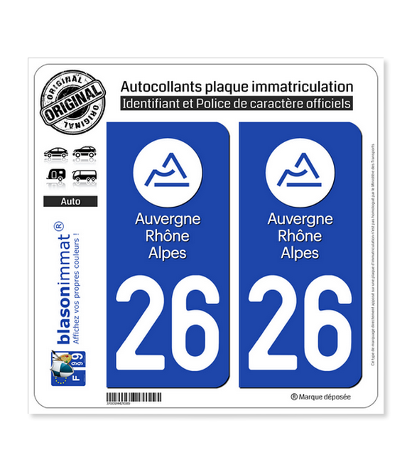 blasonimmat 2 Autocollants Plaque immatriculation Auto 26 Auvergne-Rh/ône-Alpes Logotype