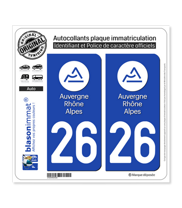 26 Auvergne-Rhône-Alpes - LogoType | Autocollant plaque immatriculation