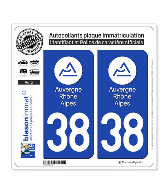 38 Auvergne-Rhône-Alpes - LogoType | Autocollant plaque immatriculation