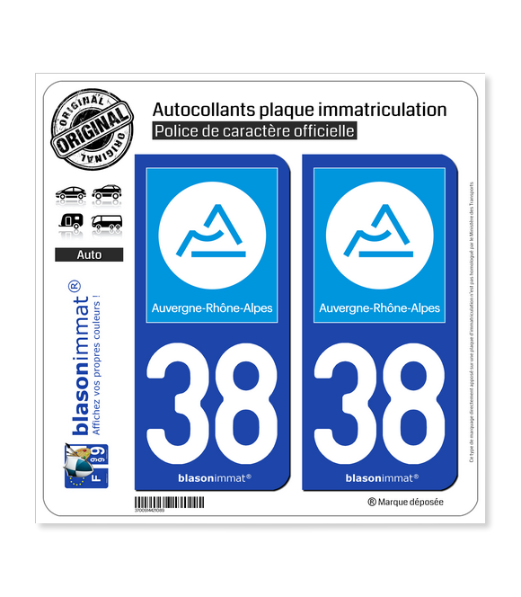 38 Auvergne-Rhône-Alpes - Région | Autocollant plaque immatriculation