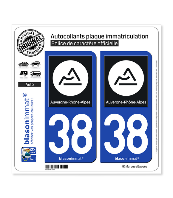 38 Auvergne-Rhône-Alpes - Région II | Autocollant plaque immatriculation