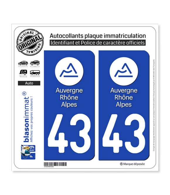 43 Auvergne-Rhône-Alpes - LogoType | Autocollant plaque immatriculation