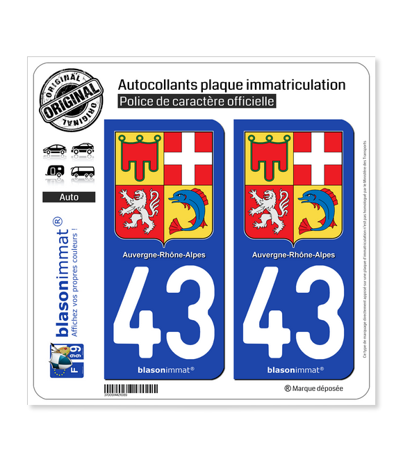 43 Auvergne-Rhône-Alpes - Armoiries | Autocollant plaque immatriculation