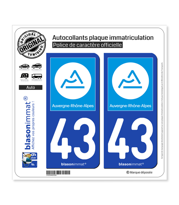 43 Auvergne-Rhône-Alpes - Région | Autocollant plaque immatriculation