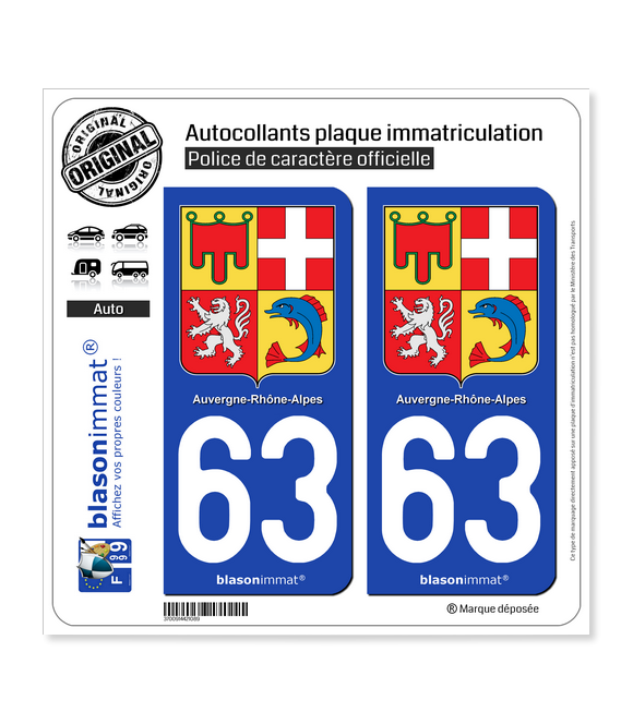63 Auvergne-Rhône-Alpes - Armoiries | Autocollant plaque immatriculation