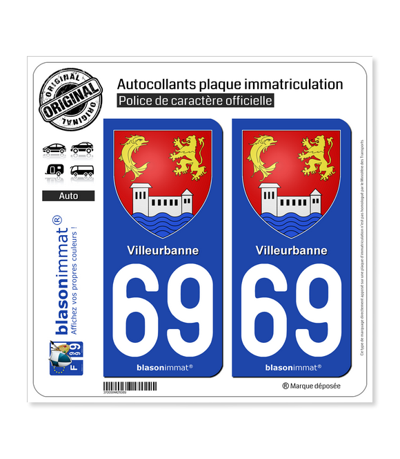 69 Villeurbanne - Armoiries | Autocollant plaque immatriculation