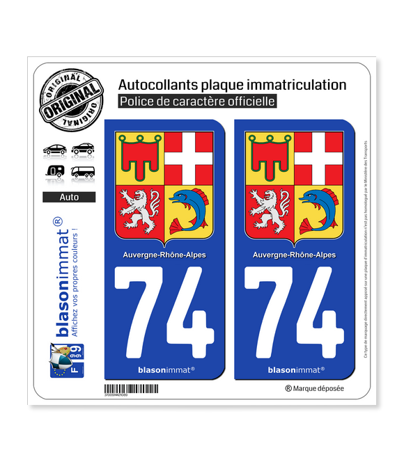 74 Auvergne-Rhône-Alpes - Armoiries | Autocollant plaque immatriculation