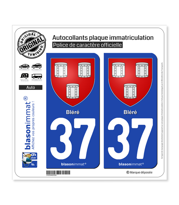 37 Bléré - Armoiries | Autocollant plaque immatriculation