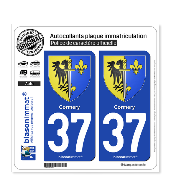 37 Cormery - Armoiries | Autocollant plaque immatriculation