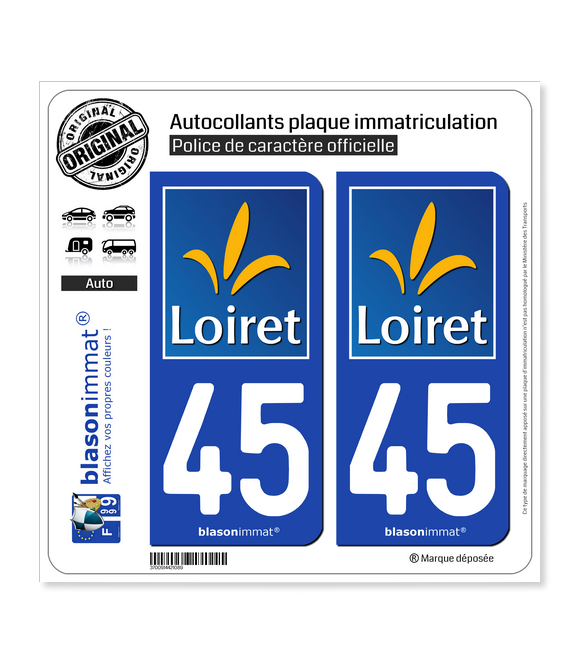 45 Loiret - Département | Autocollant plaque immatriculation