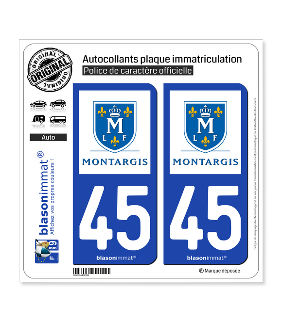 Autocollant Stickers plaque d'immatriculation véhicule département 45 Loiret 