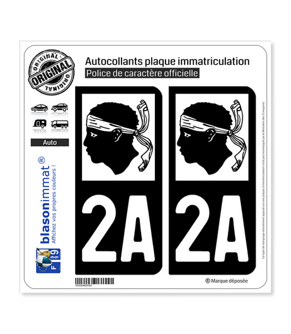 Autocollant Plaque Immatriculation Corse 2A Corsica - Lot De 2 Stickers - Extérieur/intérieur - 4
