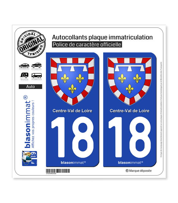 18 Centre-Val de Loire - Armoiries | Autocollant plaque immatriculation