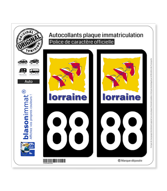 Lot De 4 Autocollants Plaque Immatriculation - Département 88 Vosges, Région Grand Est - Noir & F France Europe