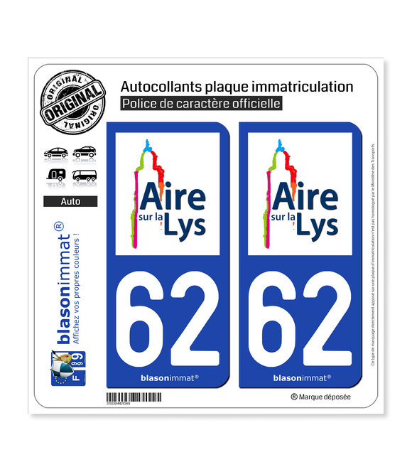 62 Aire-sur-la-Lys - Ville | Autocollant plaque immatriculation
