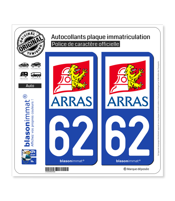62 Arras - Ville | Autocollant plaque immatriculation
