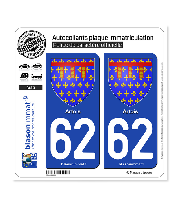 62 Artois - Armoiries | Autocollant plaque immatriculation