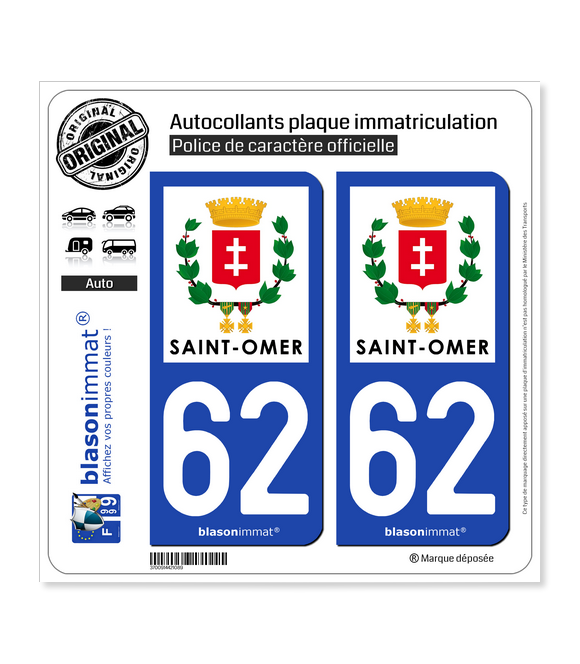 62 Saint-Omer - Ville | Autocollant plaque immatriculation