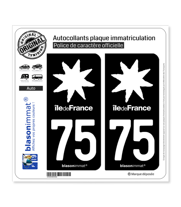 75 Ile-de-France- LogoType Black | Autocollant plaque immatriculation