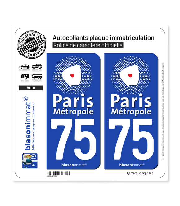 Autocollant plaque immatriculation Ile de France 75 Paris - Autosignalétique