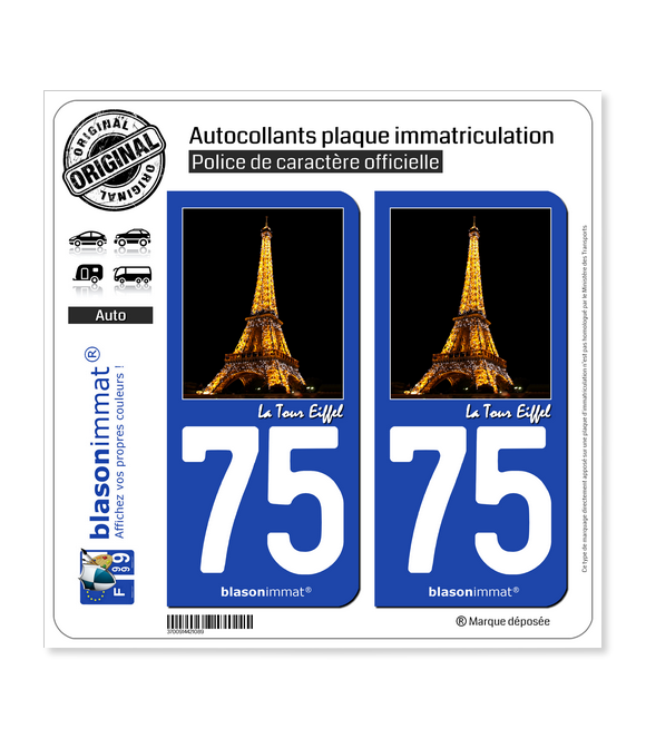 75 Paris - Tour Eiffel | Autocollant plaque immatriculation