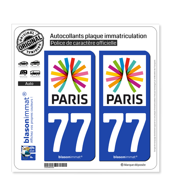 77 Ile-de-France - Paris Région | Autocollant plaque immatriculation