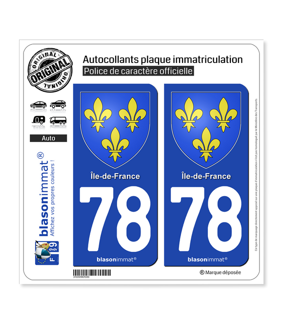 2 Stickers autocollant plaque immatriculation 78 Ile de France Armoiries 