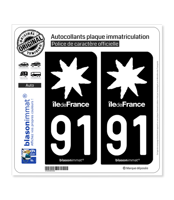 91 Ile-de-France- LogoType Black  Autocollant plaque immatriculation