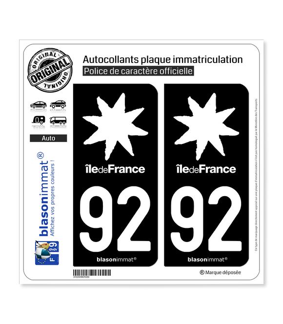 92 Ile-de-France- LogoType Black | Autocollant plaque immatriculation