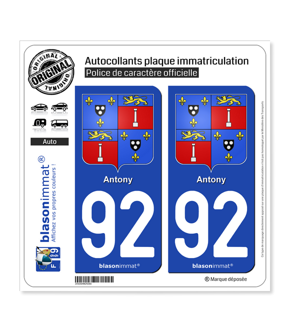 92 Antony - Armoiries | Autocollant plaque immatriculation