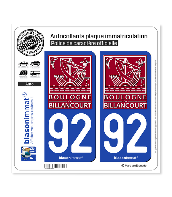 92 Boulogne-Billancourt - Ville | Autocollant plaque immatriculation