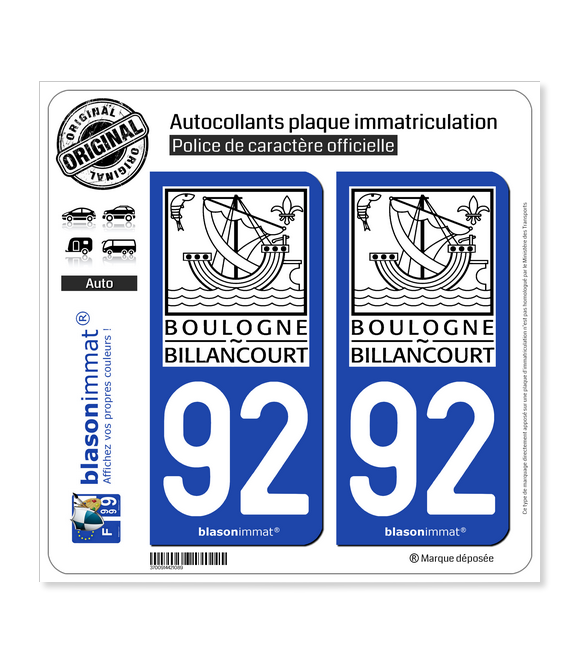 92 Boulogne-Billancourt - Ville II | Autocollant plaque immatriculation