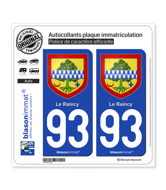 93 Raincy - Armoiries | Autocollant plaque immatriculation