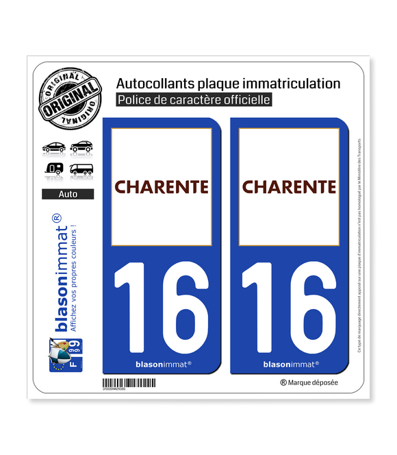 16 Charente - Département | Autocollant plaque immatriculation