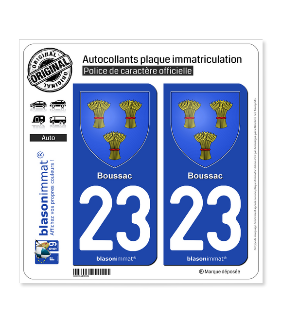 23 Boussac - Armoiries | Autocollant plaque immatriculation