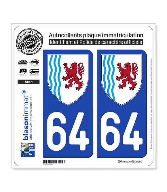 Lot De 4 Autocollants Département 64 (Pyrénées-Atlantiques) Pour Plaque Immatriculation - Noir, 45x100 Mm