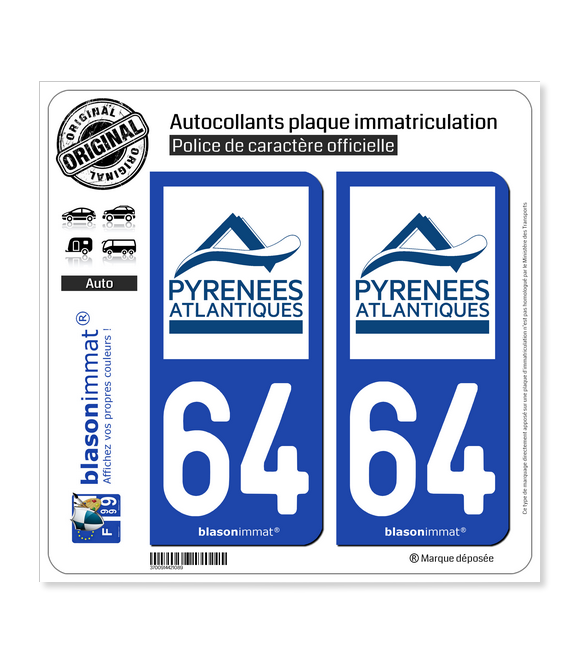 64 Pyrénées-Atlantiques - Département | Autocollant plaque immatriculation